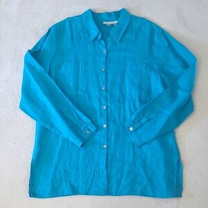 Chicos Design Linen Turquoise Tunic Shirt Size 3 US XL Button Down Coastal Boho